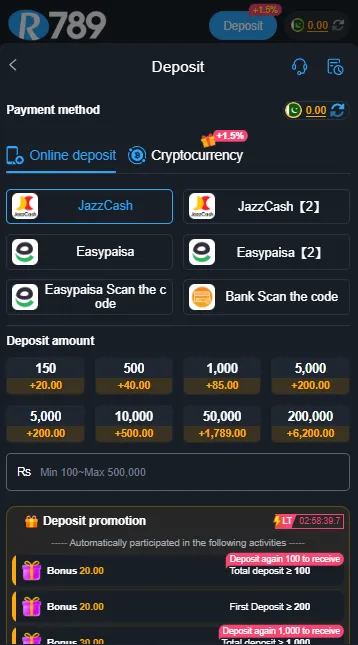 R789 Game deposit page with JazzCash, Easypaisa and PKR wallet payment options for Pakistani players