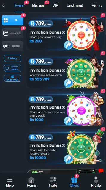 R789 Game invitation bonus and referral program screen showing daily rewards and spin wheel bonuses