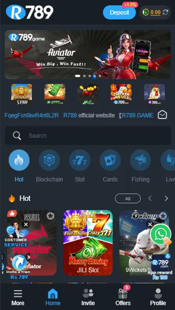 R789 Game main dashboard interface on Android showing casino categories, slot games and wallet balance