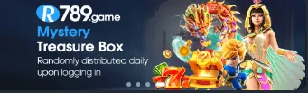 R789 Game mystery treasure box daily login reward banner with casino bonus promotions