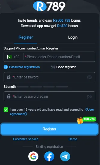 R789 Game registration screen for Pakistani users showing mobile number signup and PKR 350 bonus offer
