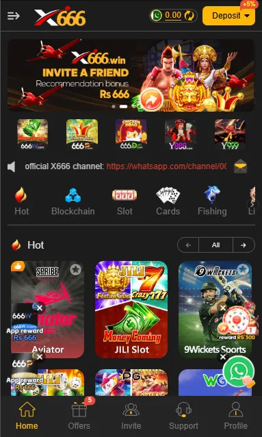 X666 Game home dashboard showing hot games section, invite friend bonus Rs666 banner, slot games, cards, fishing and main navigation menu