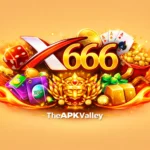 X666 Game official logo with golden 666 design, gaming elements, coins and TheAPKValley watermark on light background