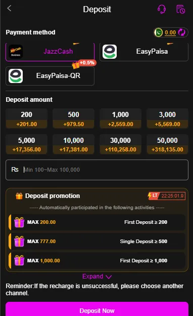 Zs777 game deposit screen showing JazzCash and EasyPaisa payment options with selectable deposit amounts and active promotion offers