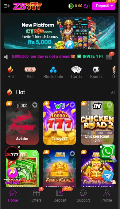 Zs777 game home screen displaying multiple game categories, featured slots, invite bonus banner, and main navigation menu