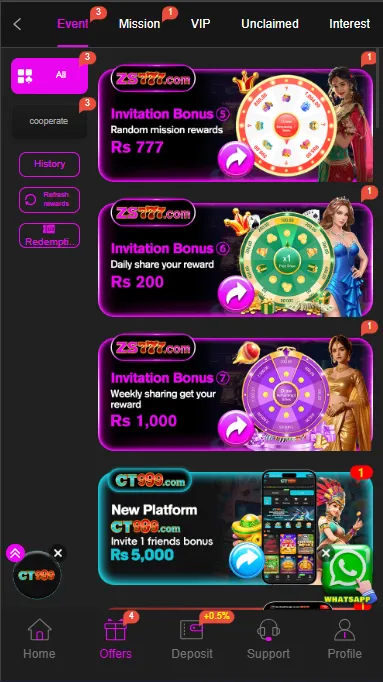 Zs777 game promotional page showing invitation bonuses, daily and weekly rewards, and active event sections inside the app