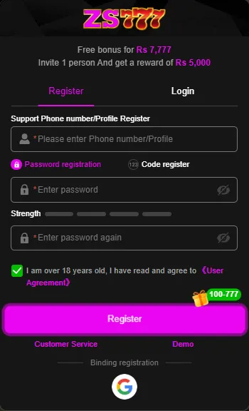 Zs777 game registration screen with phone number signup, password creation, login option, and age confirmation checkbox