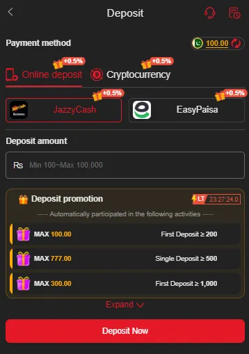 88EF Game deposit page showing JazzCash and Easypaisa payment methods with deposit amount options