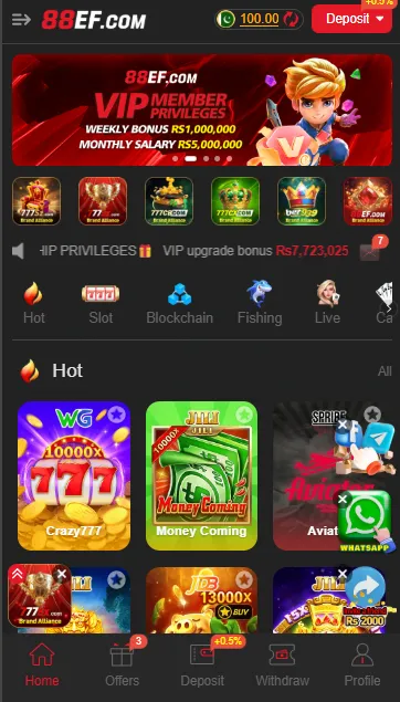 88EF Game home screen with VIP privileges, game categories, and featured slot games