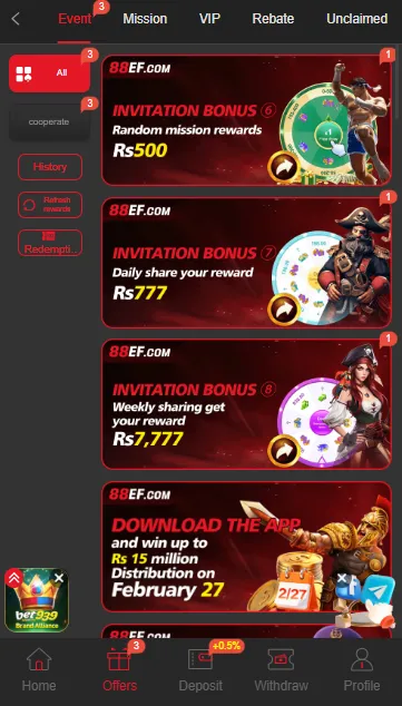 88EF Game invitation bonus page featuring referral rewards, event bonuses, and special promotions