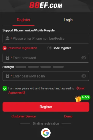 88EF Game registration page with mobile number signup, password setup, and account verification form