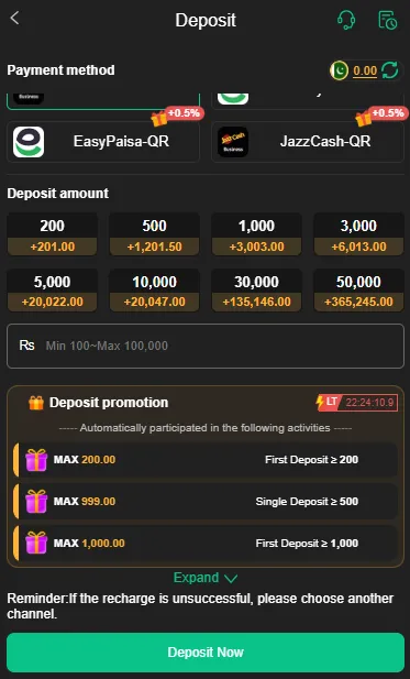 BV999 Game deposit page showing JazzCash and Easypaisa payment methods with deposit options