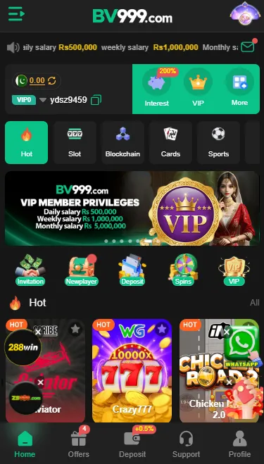 BV999 Game home dashboard showing hot games, slot games, cards, and VIP section