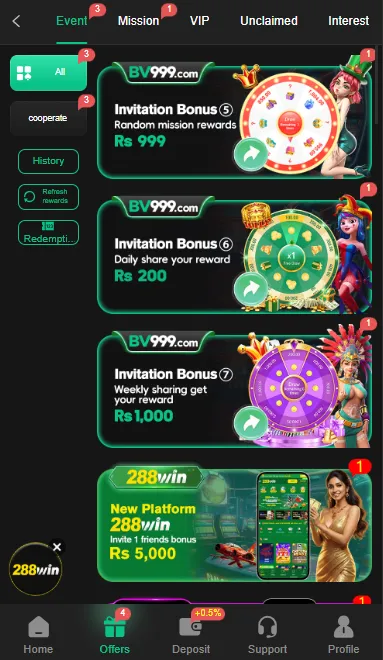 BV999 Game invitation bonus page showing referral rewards and sharing bonuses