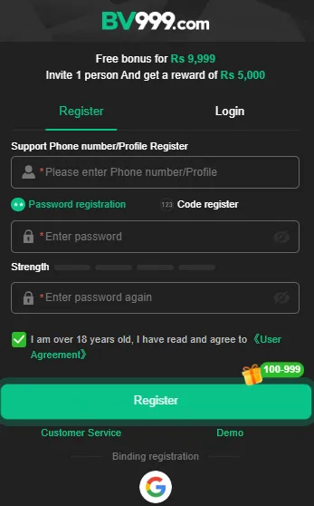 BV999 Game register page showing account registration form with phone number and password fields