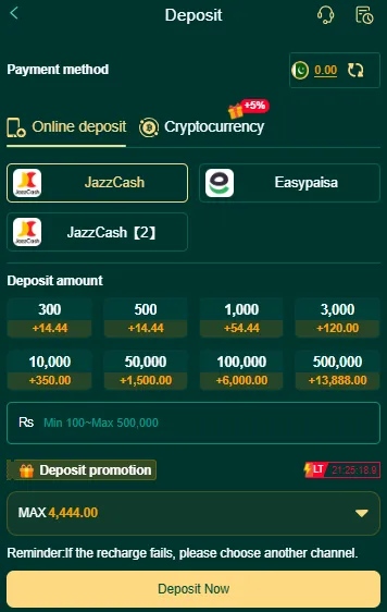 C444 Game deposit page showing JazzCash, Easypaisa, wallet section, deposit amounts and instant payment options in Pakistan.