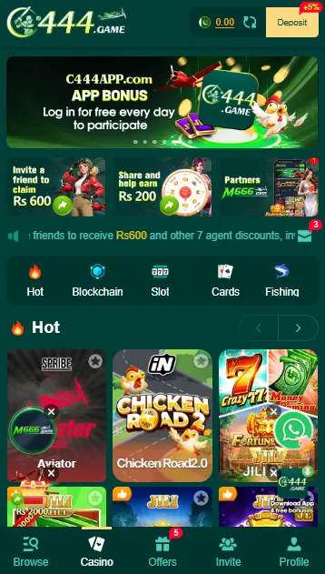 C444 Game homepage interface showing hot games, slot section, invite bonus, and app navigation menu.