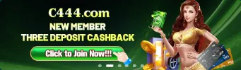 C444 Game new member banner promoting first deposit cashback and welcome bonus offer.