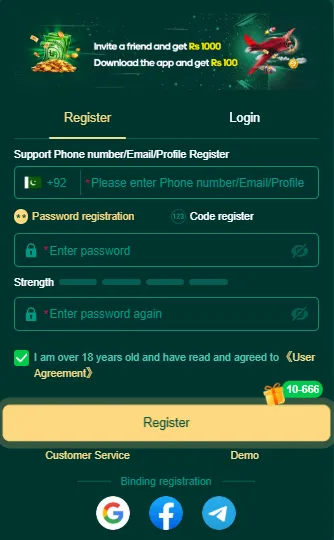 C444 Game registration page with phone number login, password setup, OTP verification, and account creation form.