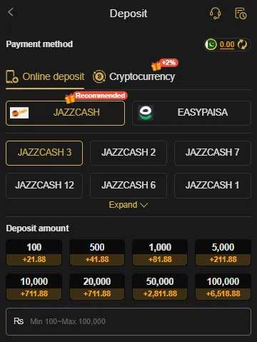J188 Game deposit screen showing JazzCash, EasyPaisa options and bonus deposit amounts in Pakistan