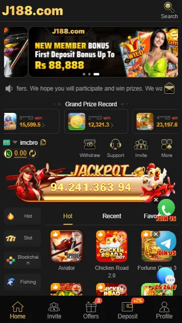 J188 Game homepage dashboard displaying jackpot amount, bonus banner and popular game categories