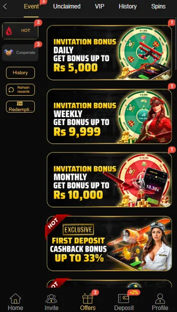 J188 Game invitation bonus page showing daily, weekly and monthly reward offers for Pakistani users