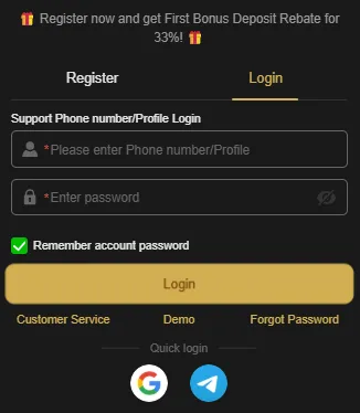 J188 Game login screen on Android device with phone number and password fields